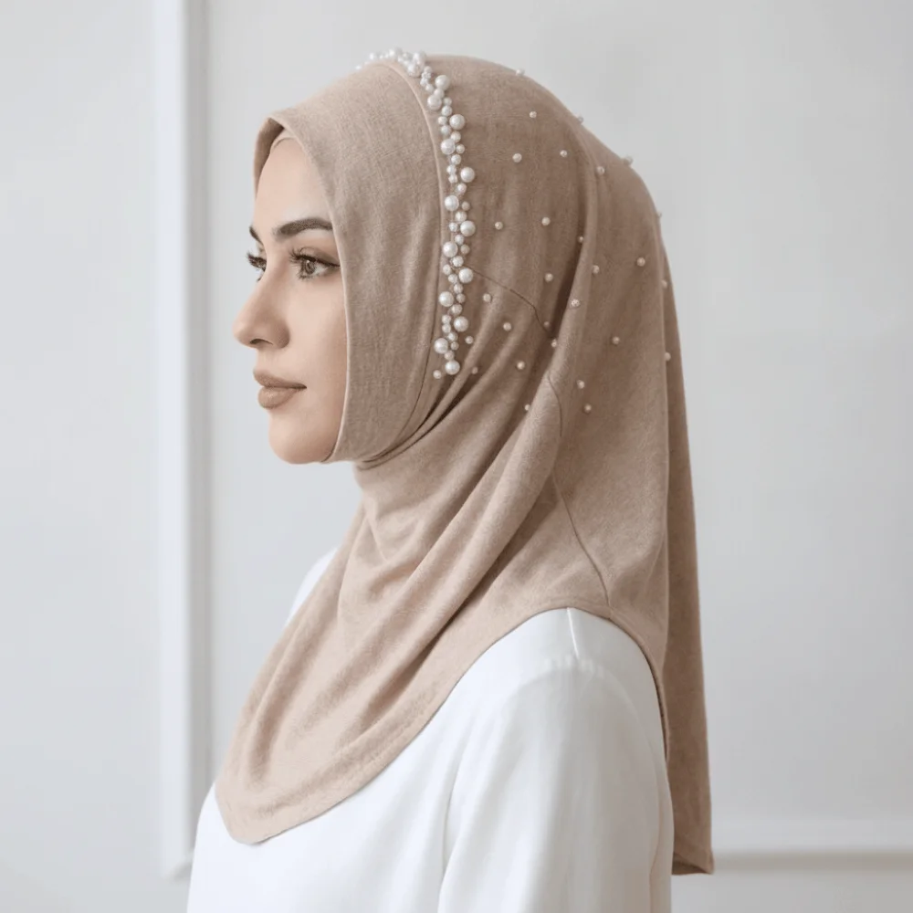 Simple Solid Color Beads Hijab Quick Drying Stretchable Head Wraps Breathable Pull On Style Hijab Scarf Prayer
