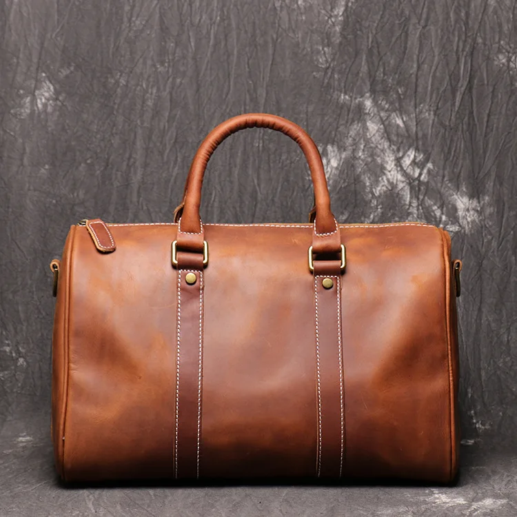 New Handmade Genuine Leather Men's Handbag Short Trip Business Trip Bag Shoulder Crossbody Bag Luggage Bucket Shape Medium Size