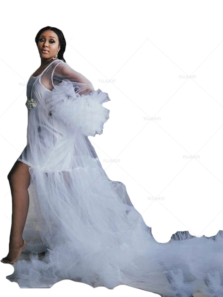 Women Robes Illusion Tulle Fluffy Long Bridal Boudoir Sleepwear Nightgown Bathrobe Wedding Scarf Maternity Dress Photoshoot