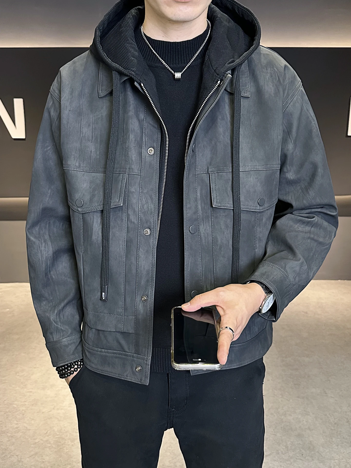 

Съемный мужской кожаный джат с капюшоном Sli, модный брендовый элитный байкерский джет, молодежный повседневный длинный свеч на молнии Cl...