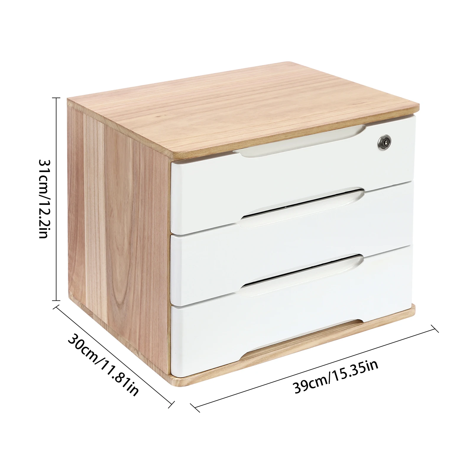 Log branco paulownia 15.35x11.81x12.2 Polegada armário de armazenamento bloqueado de três camadas gaveta caixa de armazenamento de mesa armário de classificação de madeira