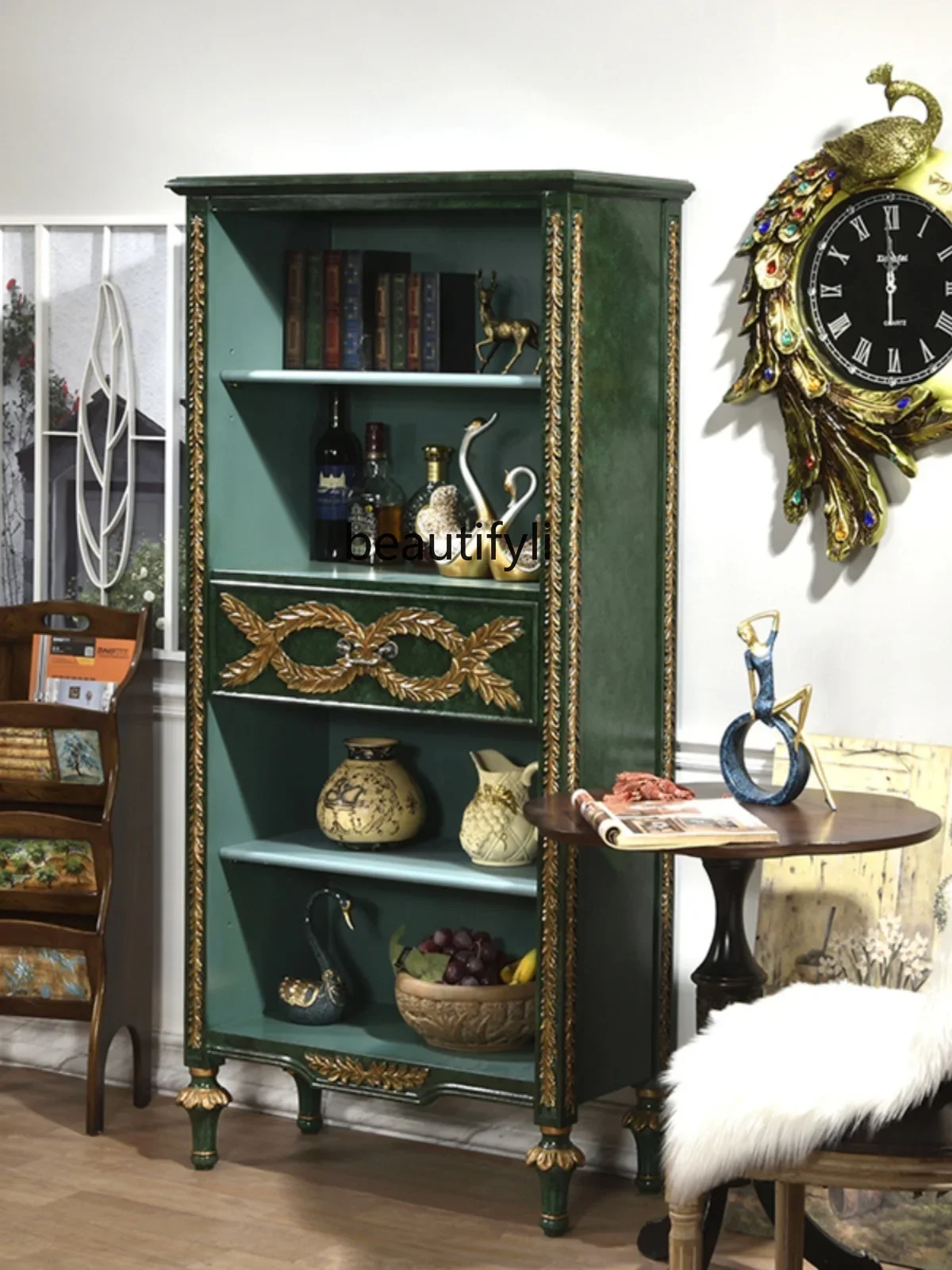 American Study Peacock Green Retro Storage Storage Curio Cabinet Multifunctional Bookcase Bookshelf