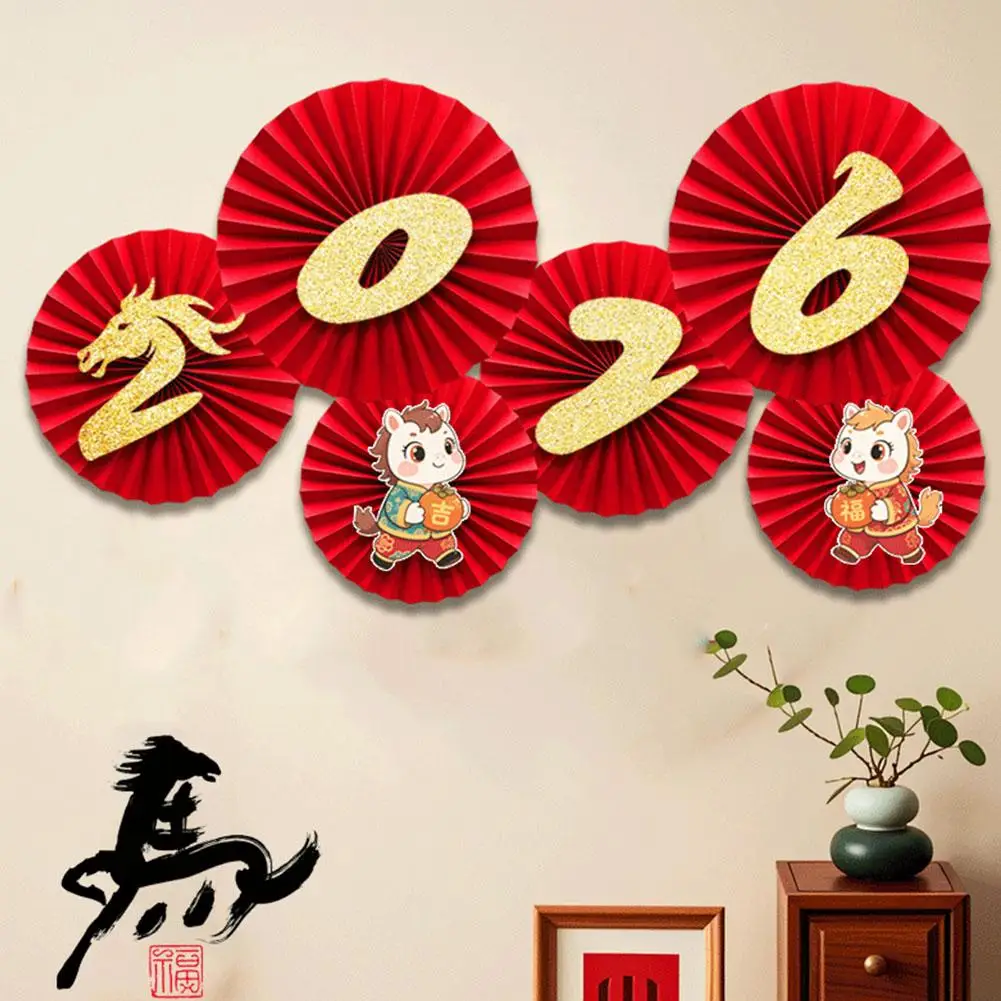 Décoration du Nouvel An Chinois 2026 : Éventails décoratifs en papier rouge pour le Festival du Printemps, fleurs murales pour salon, ambiance festive et bénédictions du Nouvel An