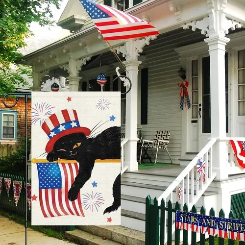 4th of July Garden Flag Double Sided Vertical, Small Burlap Black Cat, 12x18 XXQ
