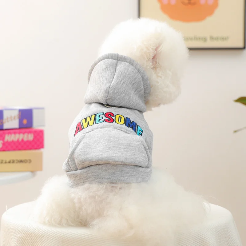 

Pet Dog Cat Hoodie Embroidered "Awesome" Autumn Winter Warm, Cute Small Puppy Comfortable Cozy Casual Sweatshirt Outfit