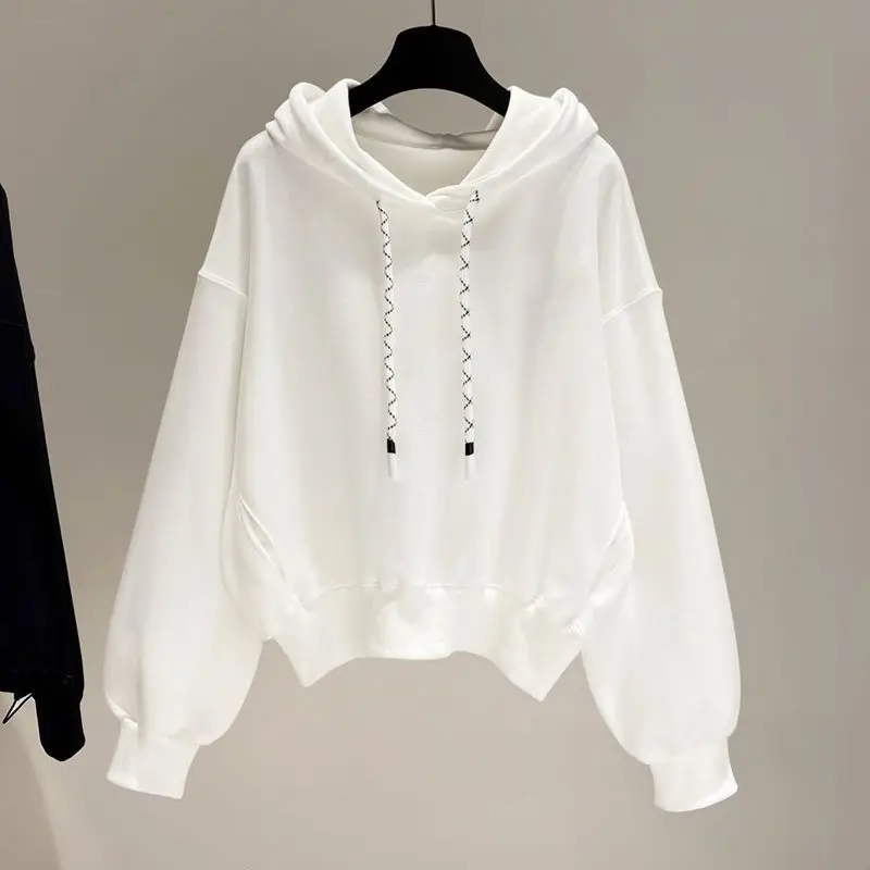2026 New Women Hoodie Long Sleeve Cropped Sweatshirt Fall Casual Loose White Petite Pullover Streetwear Fashion Tops