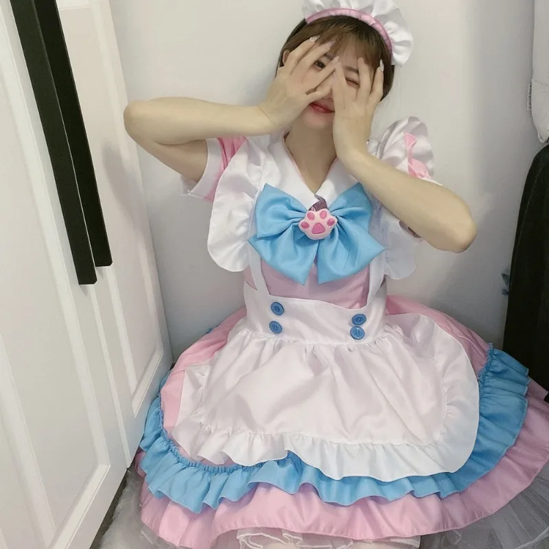 Vestido de sirvienta Lolita rosa y azul con volantes en capas, manga corta, delantal, traje de cosplay, lindo disfraz de anime para juego de rol.