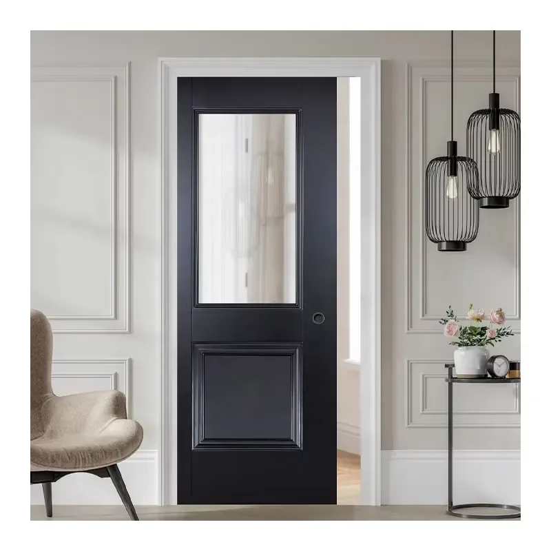 Modern Sleek Design Sound Insulation Door Handles Pre Hung Solid Pine Wood Black Interior Bedroom Doors