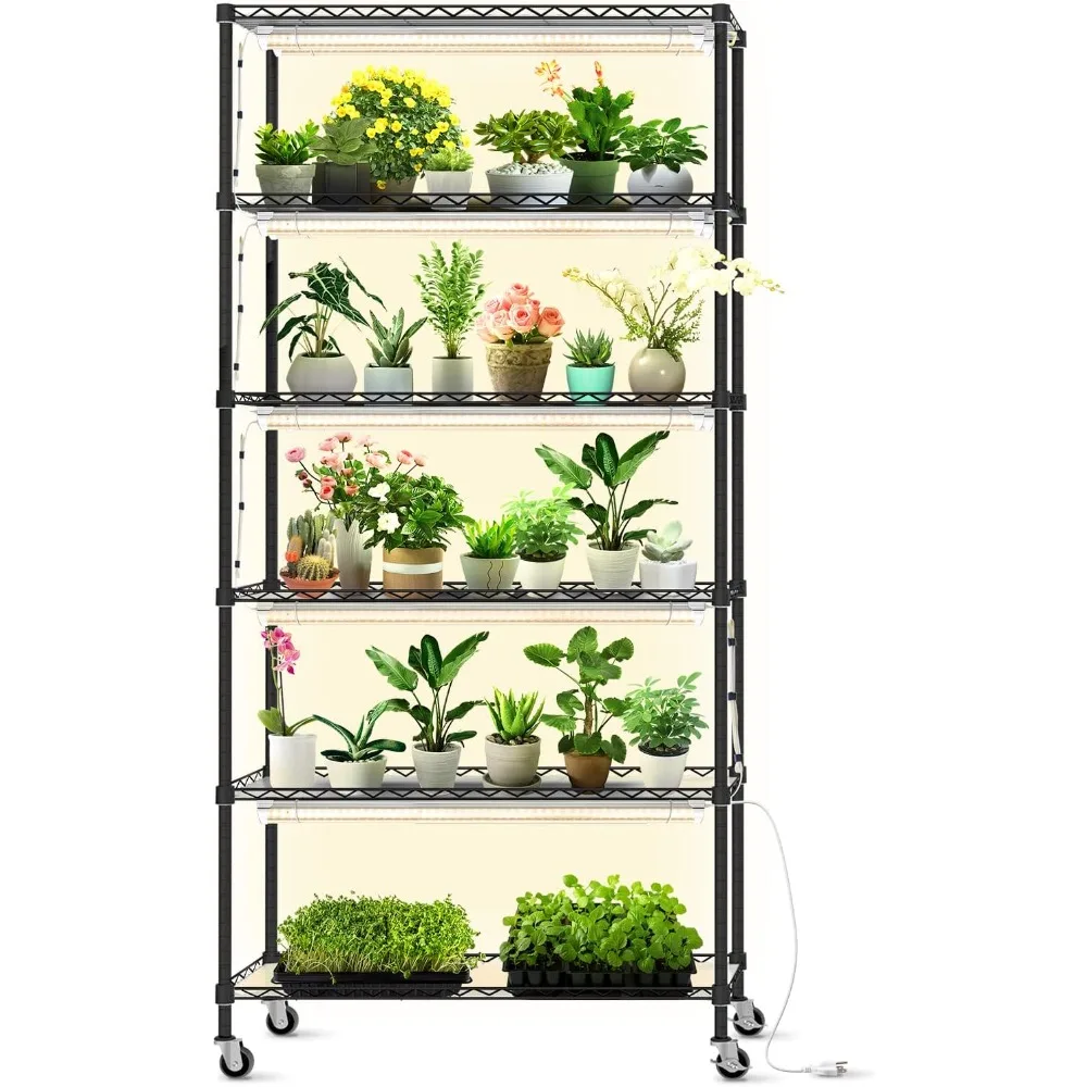 

DIY Plant Shelf with Grow Light, Grow Light Shelf with Adjustable Rack and Wheels, Full Spectrum Grow Lights for Seed Starting