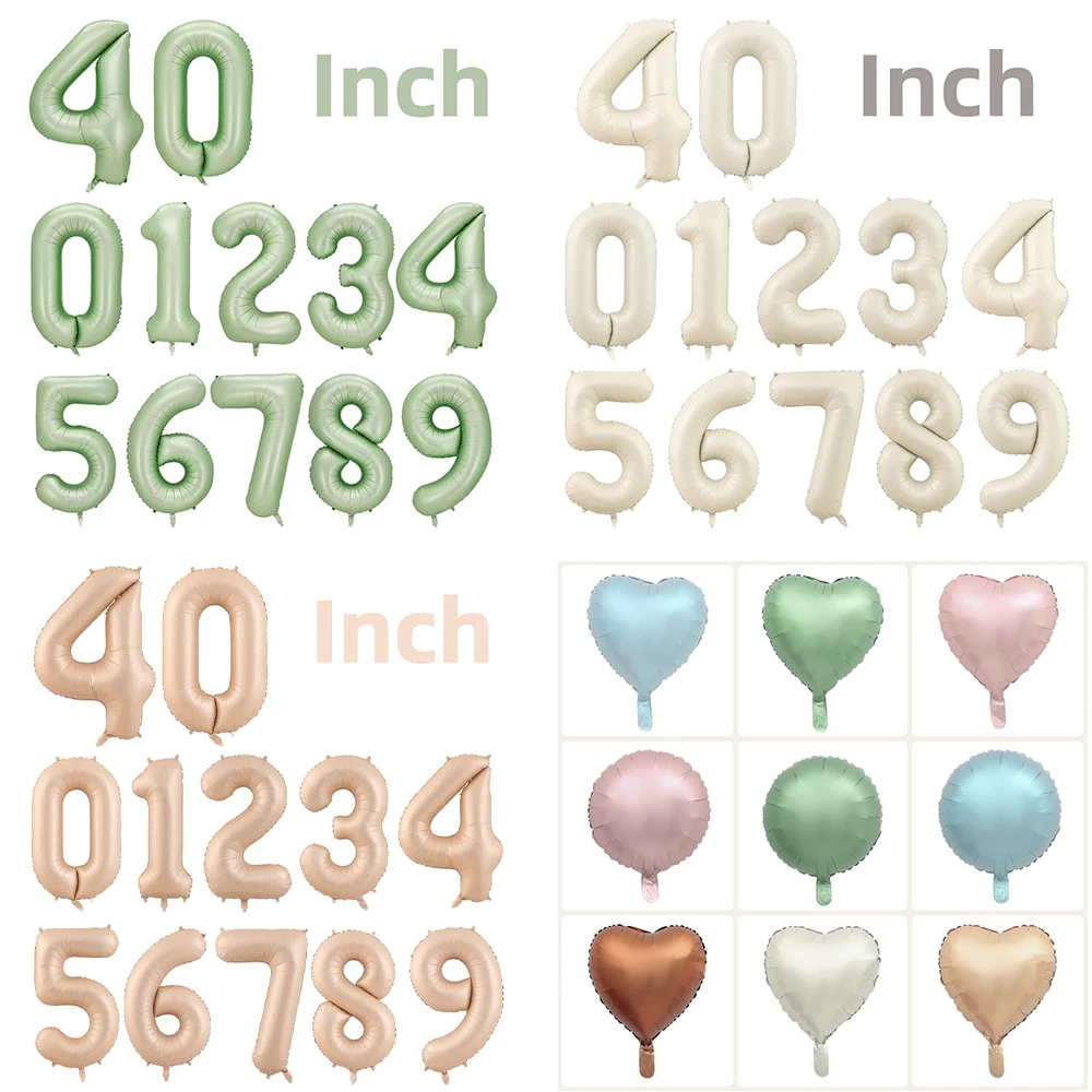 40in Cream Olive Green Big Foil Number Balloons 18in Heart Star Foil Balloons Kids Girls 1st Birthday Party Decoration Supplies