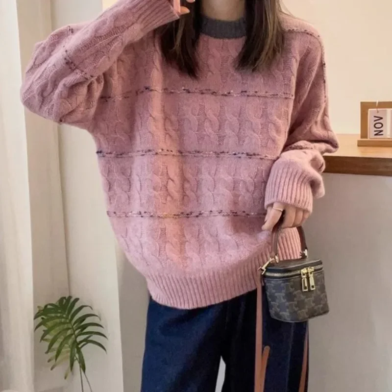 

Pullovers Women Korean Style O-neck Knitted Warm Casual Ins High Street Simple Panelled All-match Students Design Fashion Chic