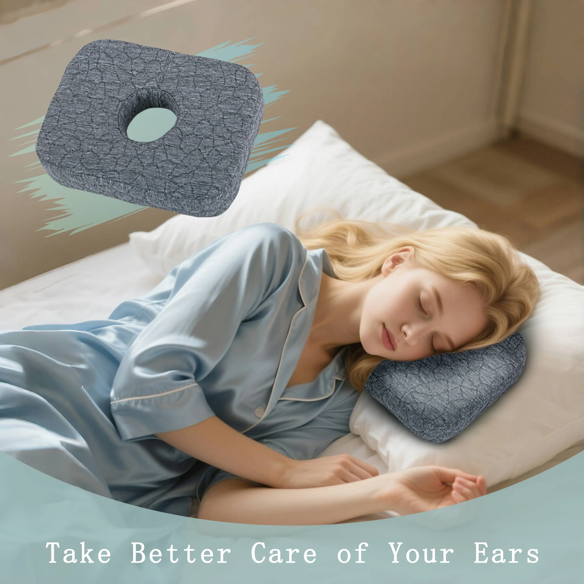 Ear Piercing Pillow Side Sleeping Ear Pillow Rectangular Pillow with Ear Holes for Relieve Otitis Pain and Ear Pain