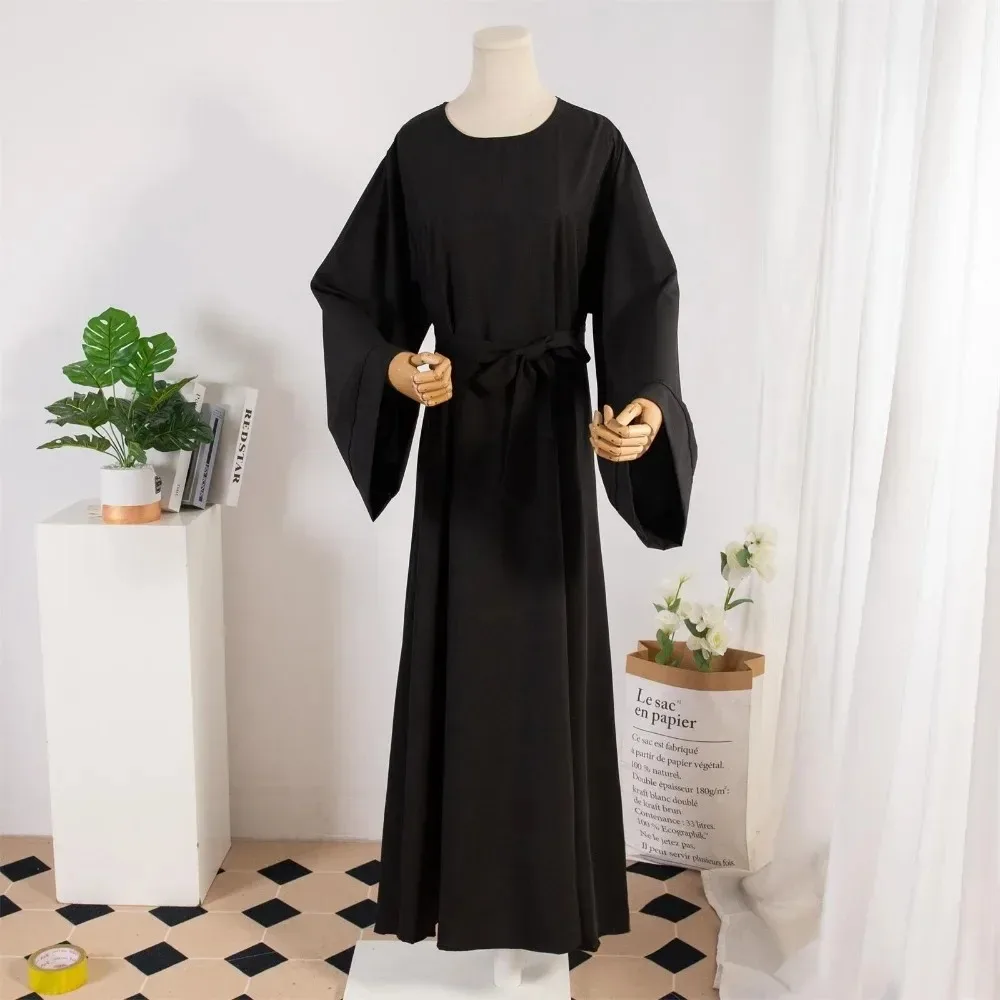 Muslim Abayas With Belt Loose Kaftans Prayer Dress Women Jilbabs Full Sleeve Islamic Clothing Dubai Robe Lace Up Long Dresses