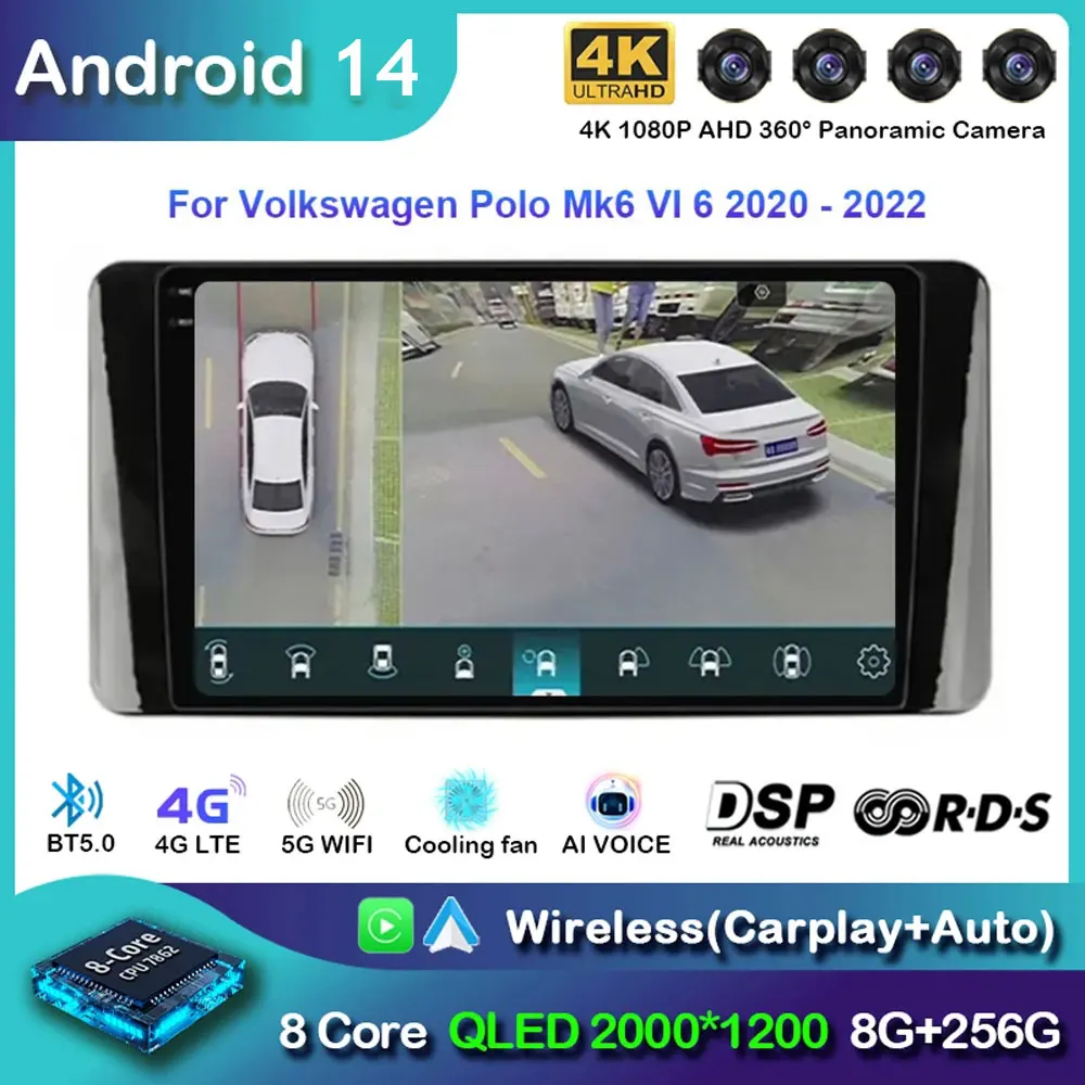 Android 14 For Volkswagen Polo Mk6 VI 6 2020 2021 2022 Car Radio Navigation Multimedia Player Stereo GPS WiFi+4G BT Carplay+Auto