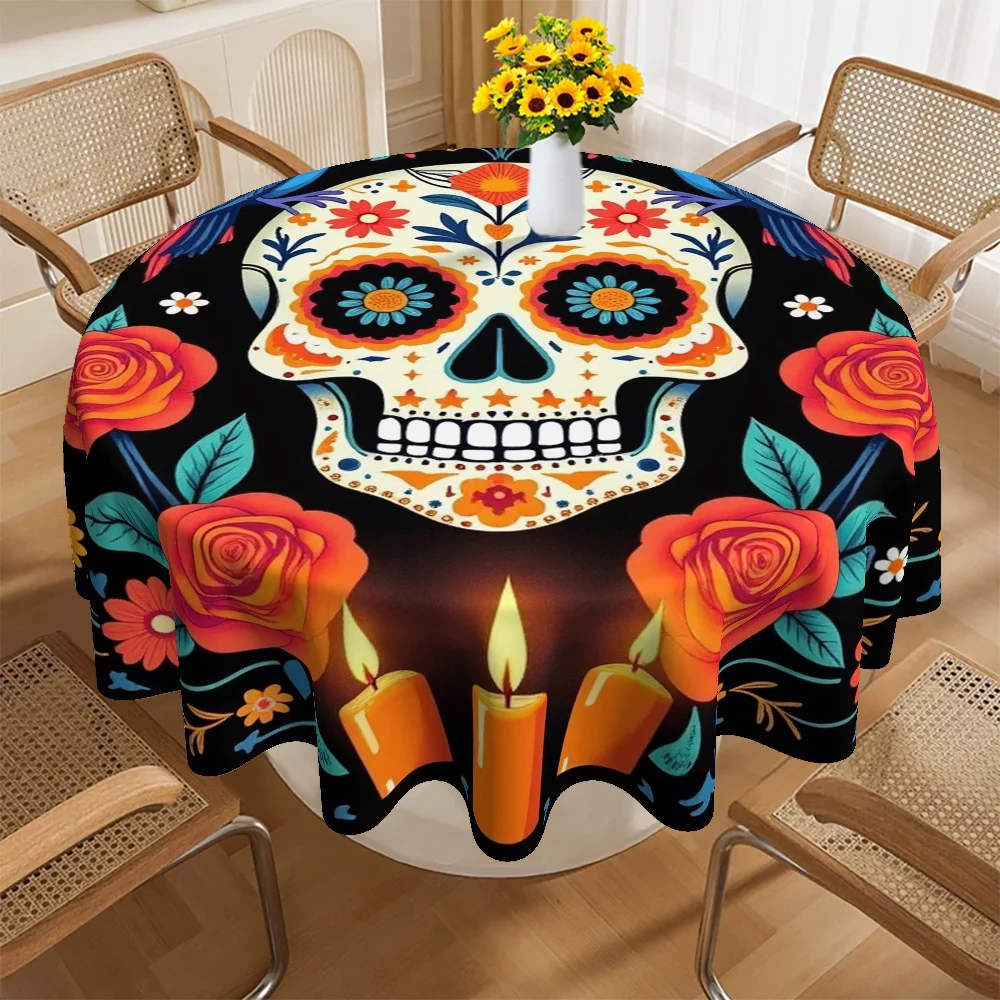 One tablecloth, circular tablecloth with Christmas and Dia de los Muertos themeszyc