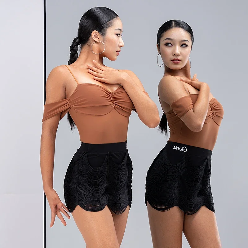 New Shoulder Drop Pleated Sling Strap Training Gown Top Fringe Design Skirt Female Latin Dancer Performance Prom Dress