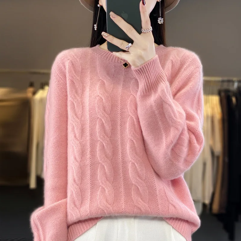 Jesień Zima Nowy Sweter z Czystej Wełny Damski All-match O-Neck Solid Color Twisted Pullover Sweater Cashmere Knitted Base Top Lady