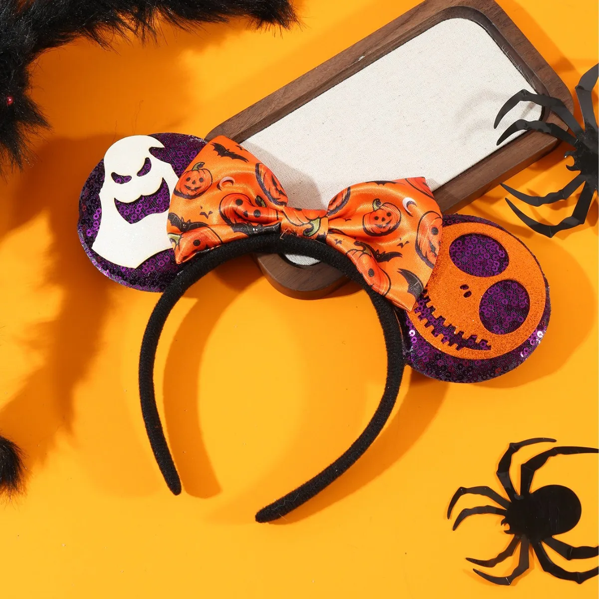 Miniso 할로윈 프린트 거미줄 호박 Screwt 귀여운 Q 버전 미키 귀 활 머리띠 헤어 액세서리