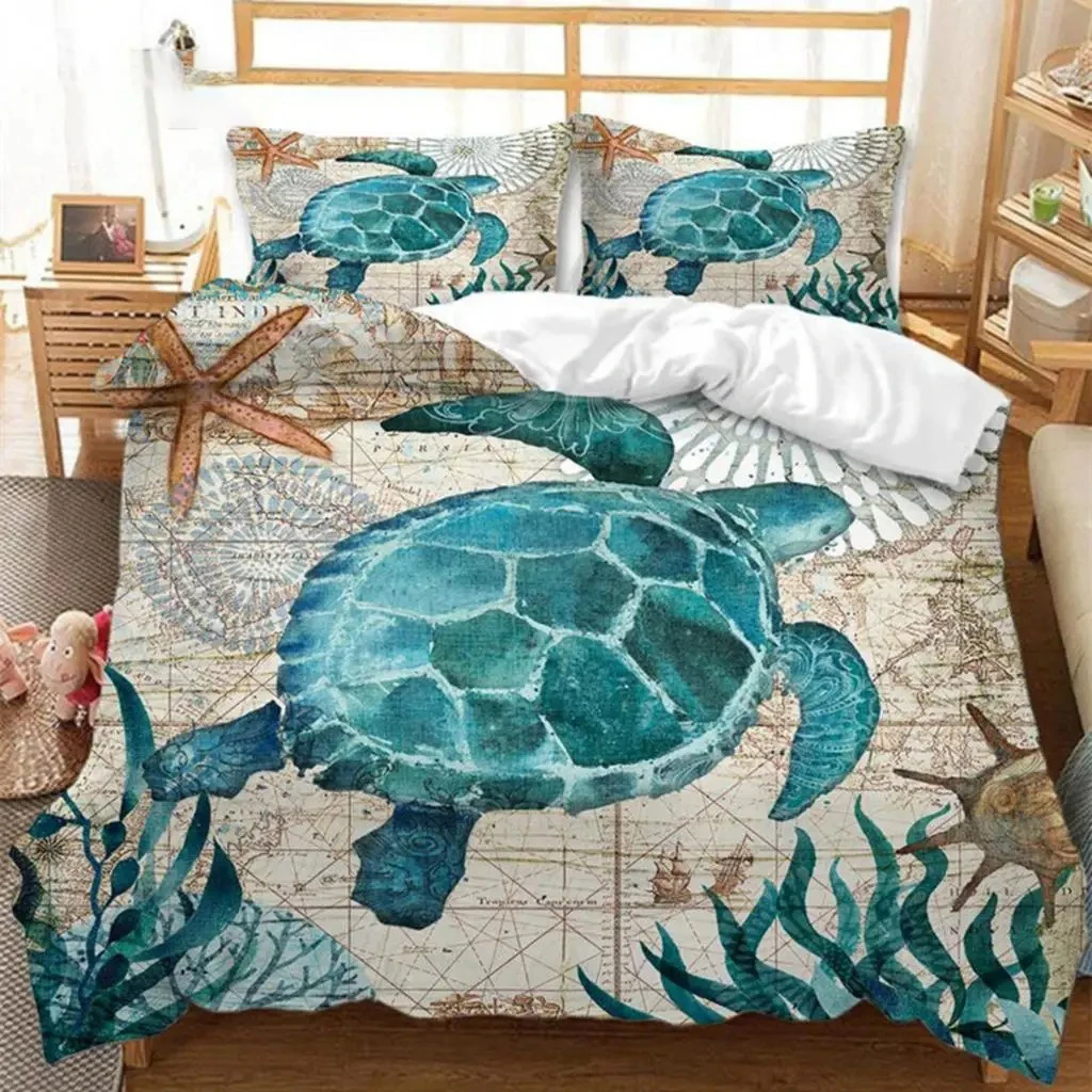 Sea Turtle Duvet Cover Mediterranean Style Octopus Seahorse Ocean Animal Print Bedding Set Marine Themed Design With Pillowcases