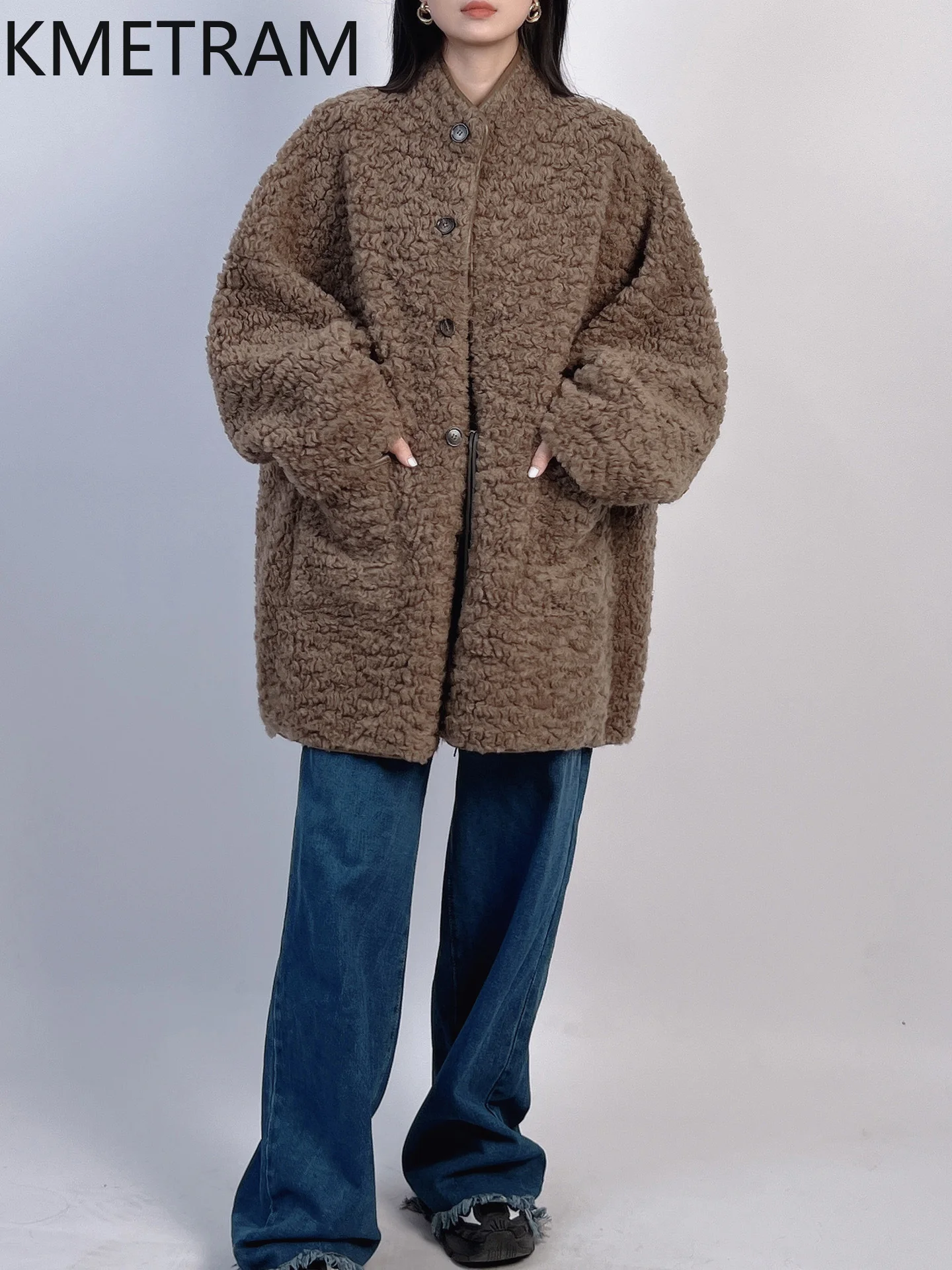معاطف صوف 100% من KMETRAM للنساء معطف متوسط الطول قابل للعكس ملابس شتوية سترة قص الأغنام الفضفاضة 2025 أسلوب نسائي