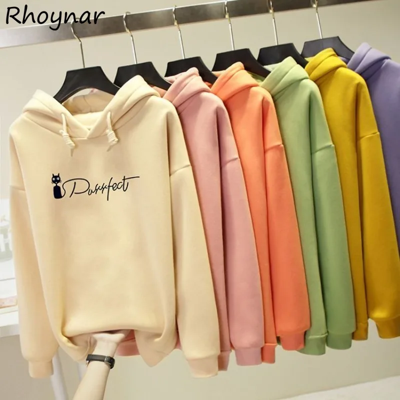 Hoodies ผู้หญิงเกาหลีสไตล์หลวมพิมพ์ Letter Plus กํามะหยี่หนาฤดูใบไม้ร่วงฤดูหนาวหญิงแฟชั่น Leisure All-Match