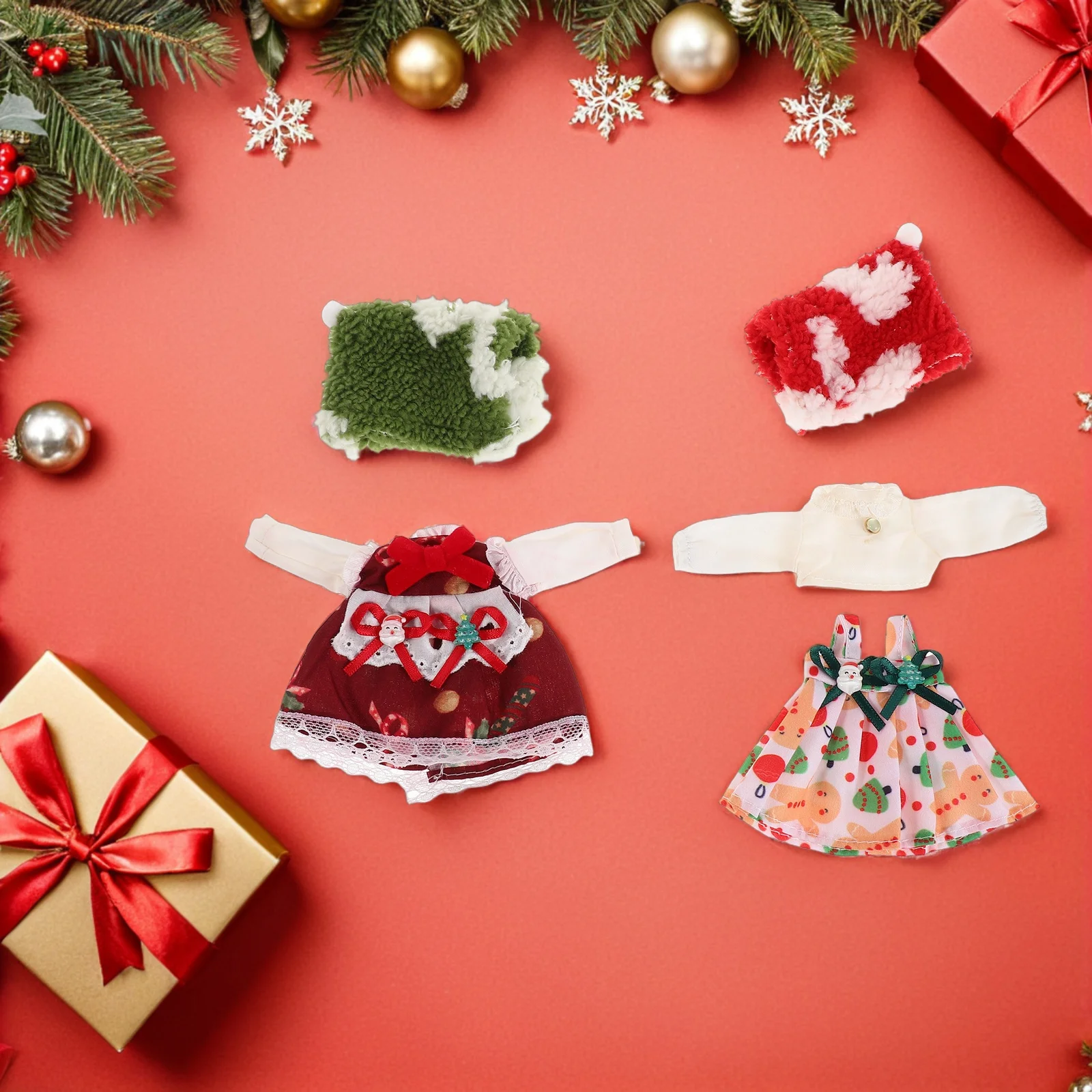 

2 set Christmas Clothes Set 1/12 Bjd Holiday Outfit Red Green Knitted Santa Costume Miniature Dress Up Accessories For