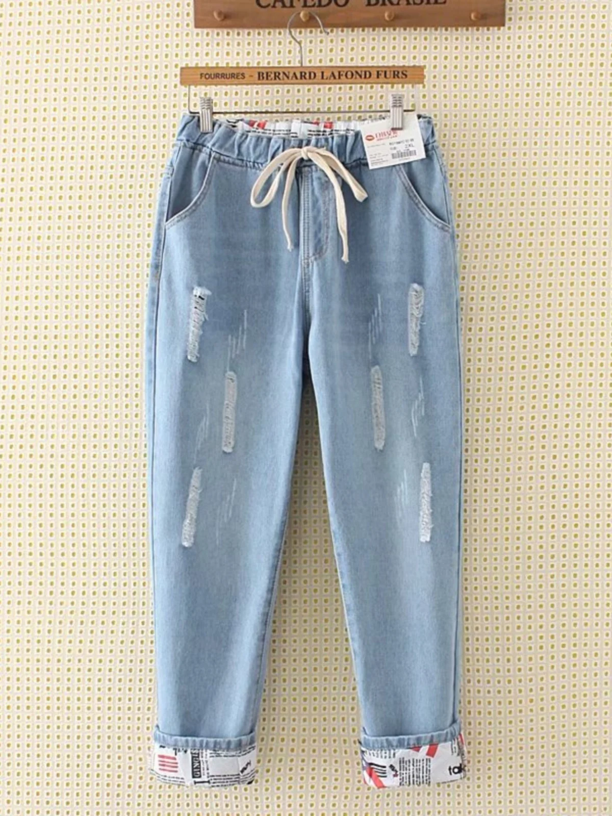 Spring Fashion plus Size Women's Jeans Elastic Waist Hole Design Nine Points Pants Korean Style All-Match Harlan Trousers