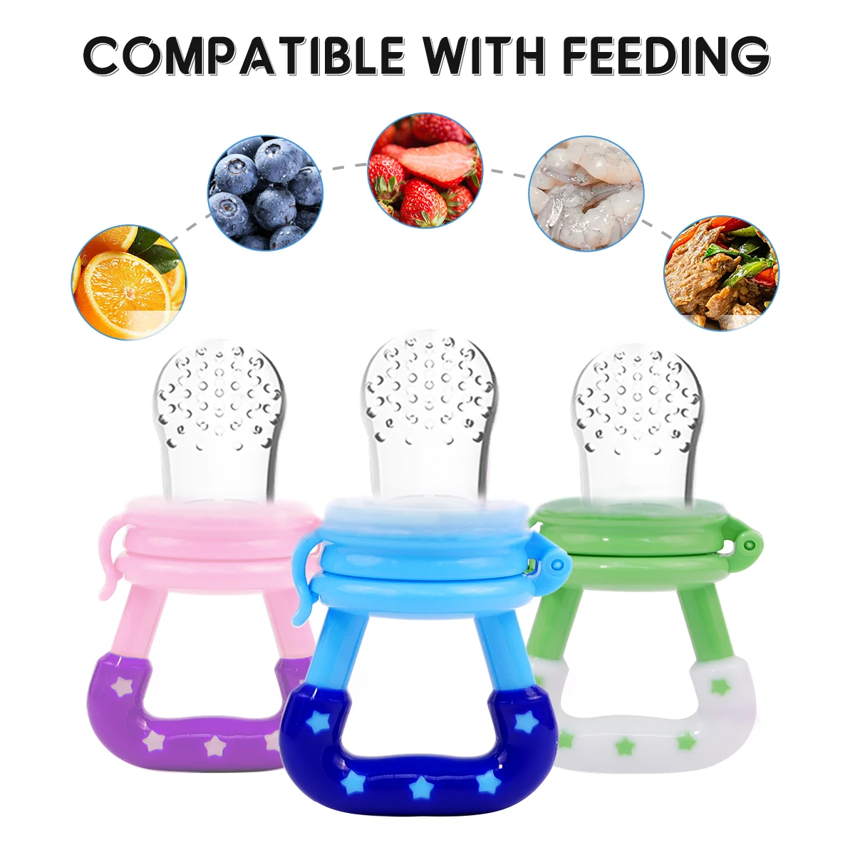 TYRY.HU 4Pcs Baby Toddler Fruit Vegetable with Handles Perfect Food Supplement Food Feeder with 3 Different Size Pacifier Tips