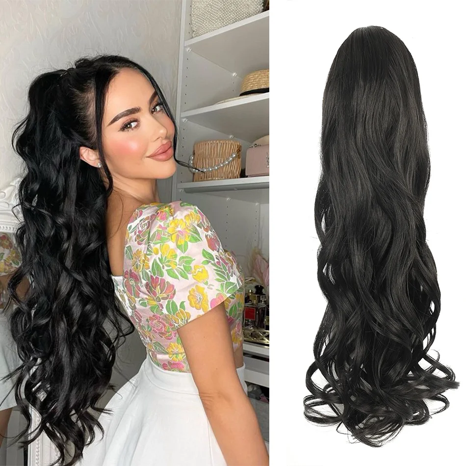 

Синтетические накладные волосы для хвоста с эффектом волн, длинные натуральные волнистые накладные хвосты на шнурке, черные искусственные волосы для женщин