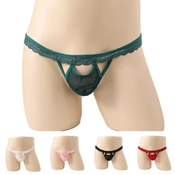 Sheer Sexy Men Hollow Out Briefs G-string Low Rise Thong Panties Male Lace Elasticity Slips See-through T-Panties Underwear