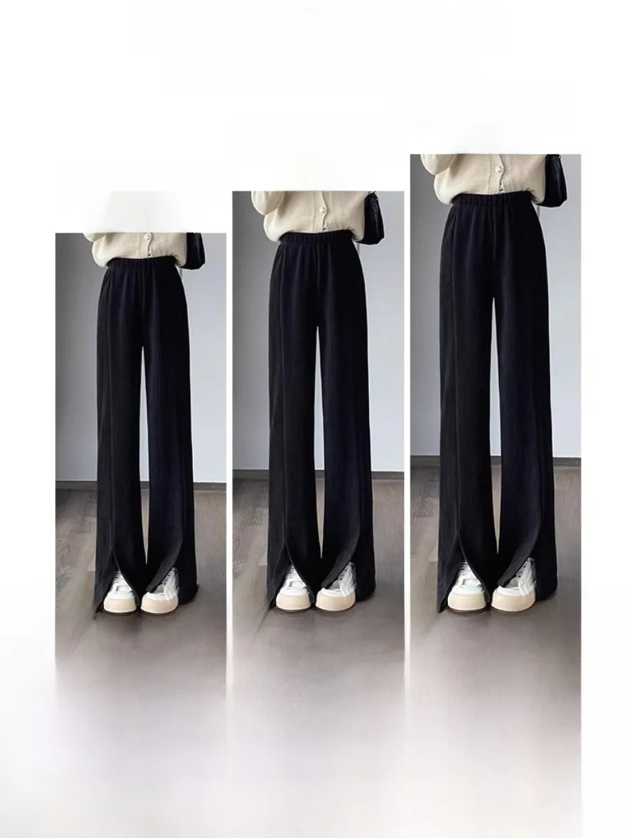 حجم كبير 300 Pou المرأة عارضة الكاكي السراويل عالية الخصر التخسيس سبليت جرس بوت المخملية واسعة الساق السراويل