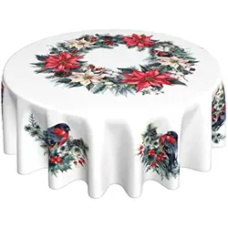 Christmas Bird Flower Hawthorn Round Tablecloth Washable Reusable Decoration Table Cover for Kitchen Party 60 Inch
