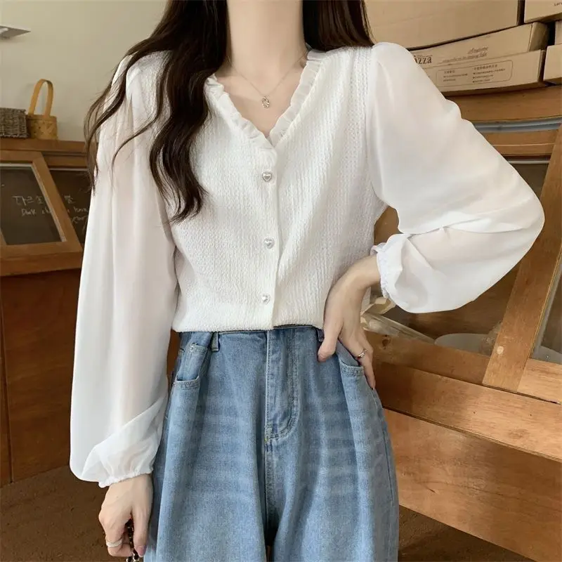 Fashion Versatile Spring Autumn Korean Version V-neck Women\'s Shirt Splicing Slim Fit Knitted Shirt Long Sleeve Top for Women