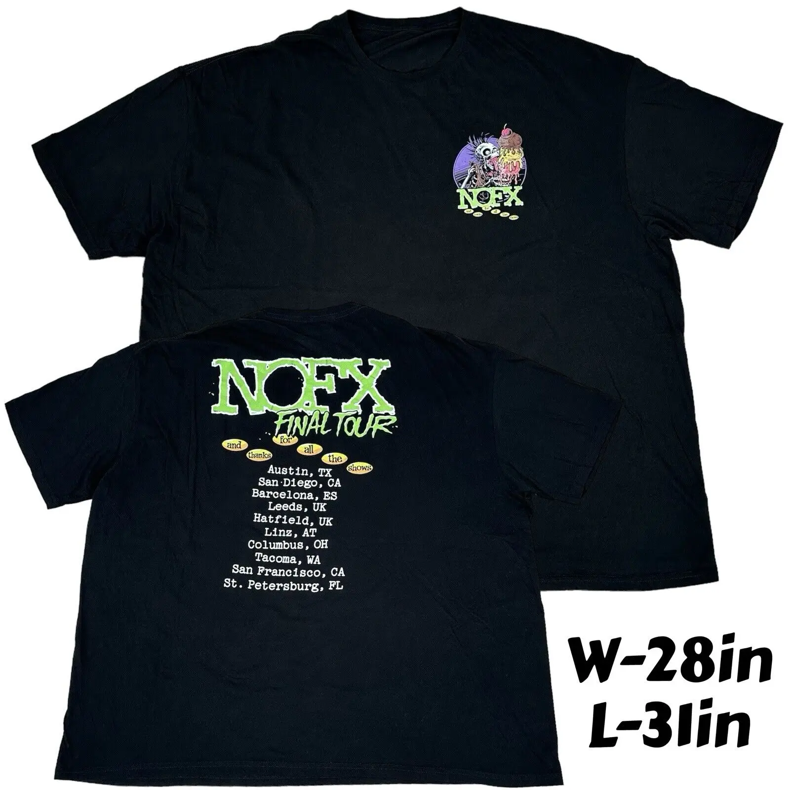 NOFX Final Tour US Cities Double Sided Graphic Band Concert T-Shirt Black Sz 3XL