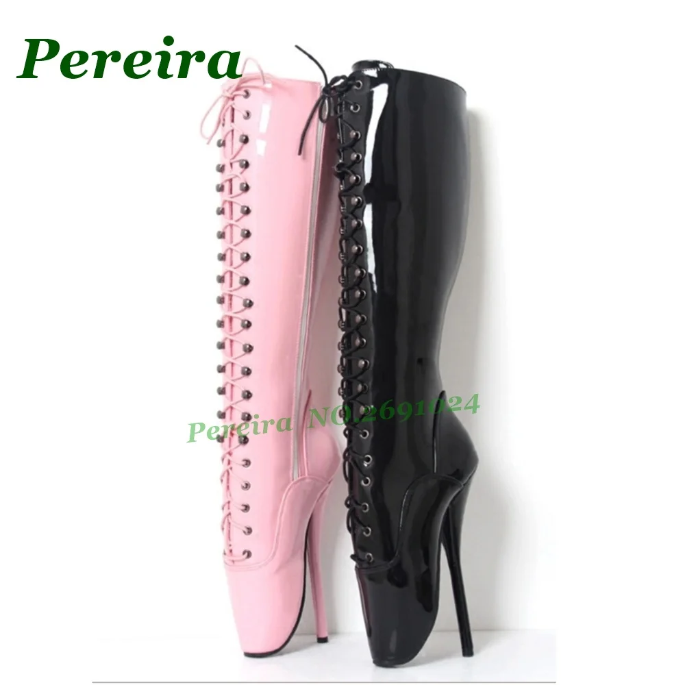 Rosa Plateau-Schnürstiefel mit Stilettoabsatz, glänzende Damenstiefel mit Kreuzbindung, Bühnen-Performance-Lackleder-Pole-Dance-Schuhe