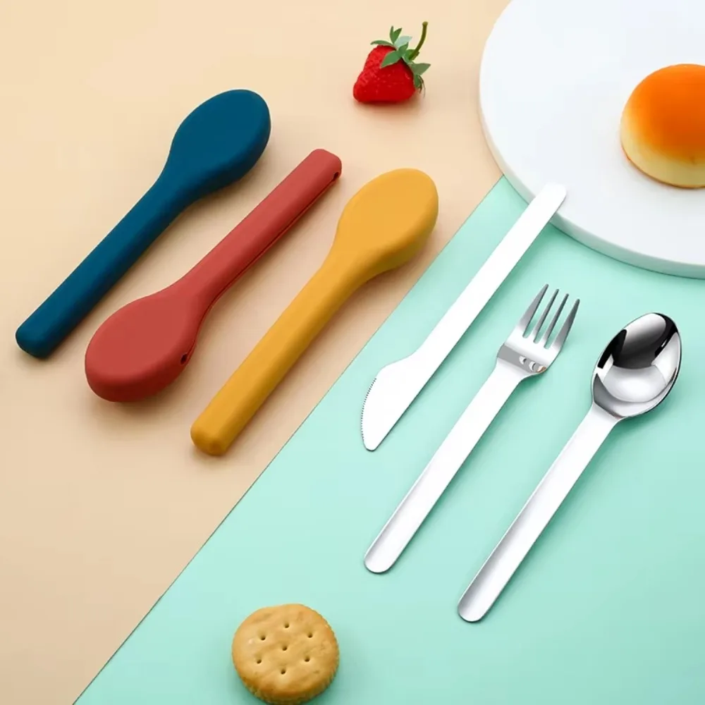 3pcs/set With Silicone Case Travel Cutlery Set 304 Stainless Steel Rust-proof Flatware Set Reusable Mirror Polished