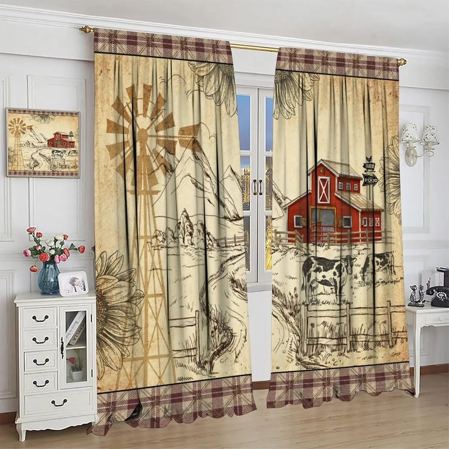 Retro Farm Cow Curtain for Bedroom,Vintage Brown Plaid Windmill Sunflower Country Farm Wildlife Cow Cottage Window Drapes for