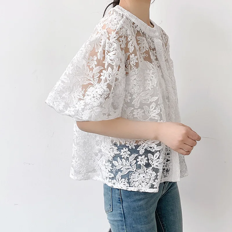 Explosive Korean Version Japanese Small Cardigan Embroidered Flower Lace Small Coat Lantern Sleeve Hollow Out Blouse Women