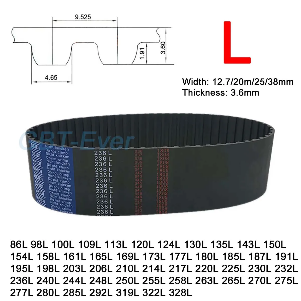 L Rubber Timing Belt 86L 98L 100L 109L 113L 120L 124L 130L 135L 143L ~ 328L Width 12.7/20/25/38mm Closed Loop Synchronous Belts