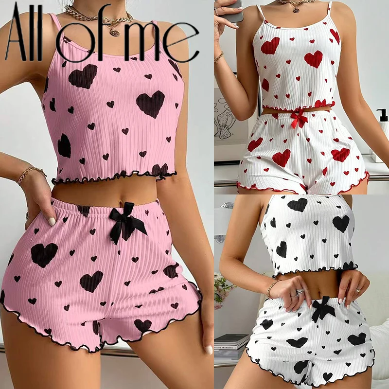 Women’s 2PCS Summer New Women's Pajama Set Breathable Soft Casual Love Printed Design Sweet Home Strap Shorts Pajamas Homeswear