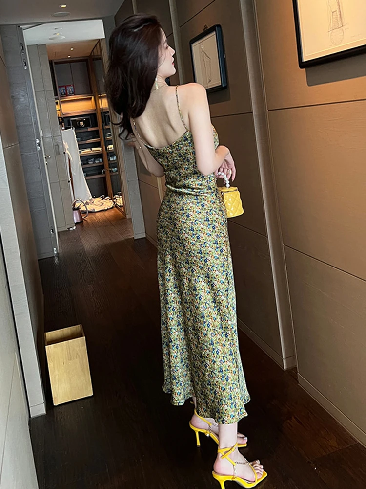 エレガントなヴィンテージイブニングドレス レディース カジュアル サテン グリーン 花柄ストラップ ローカット フィッシュテール ローブ レディース パーティー ホリデー ビーチ ワンピース