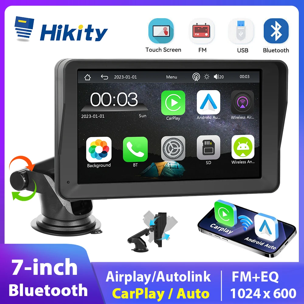 Hikity 7inch Portable Car Radio Multimedia Video Player Carplay Android Auto Dash Cam Touch Screen FM AUX Car Monitor Player