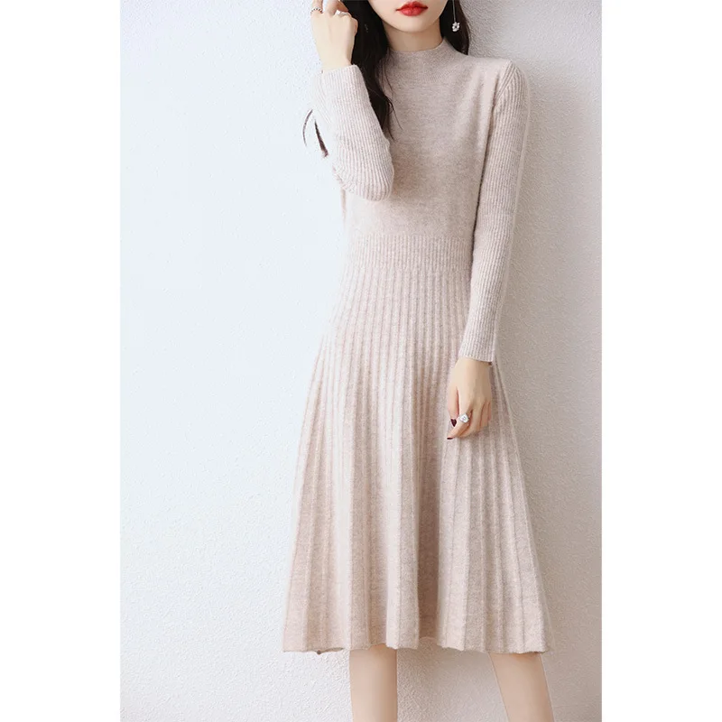 Women's Fashion Autumn and Winter New Half High Collar 100% Pure Wool Slim Fit Solid Color Bottom Fashion A-line Knitted Dress