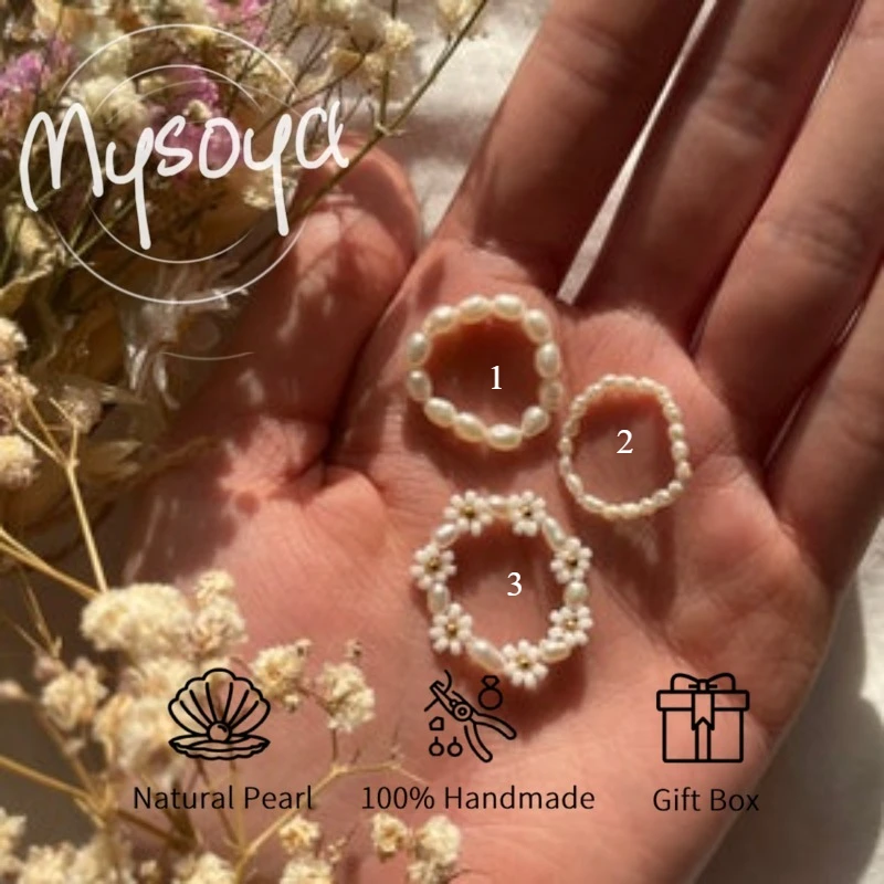 

MYSOYA комплект колец с белым пресноводным жемчугом и цветком 2-3 мм с подарочной коробкой для нее/высокого свадьбы/дня рождения/днетого Валентина/Рождественского подарка