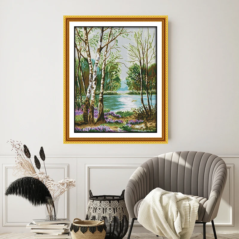 

Joy Sunday Beautiful View of Lake Cross Stitch Kit Flowing Water DIY Cross Stitch Embroidery Kit Wall Decor Painting 16/11/14CT