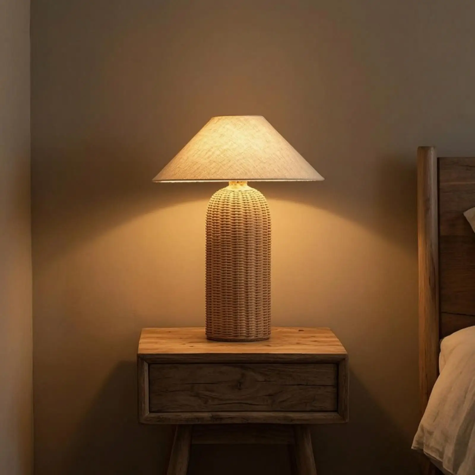 Bedside Lamp Rattan Base Fabric Shade Night Table Lamp Decorative Lighting for Bedroom Living Room