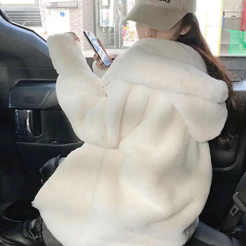 Chic Hooded Warm Loose Faux Rabbit Fur Jacket Winter Women Clothing Thick Zipper Fur Coat Korean High Quality Luxury Coat Design