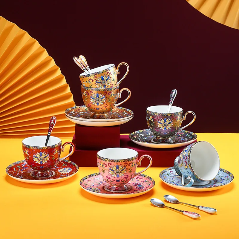 Luxury China-Chic Style Bone China Coffee Cups Tea Cup Dish With Spoon Palace Inlaid Gold Enamel Color Ceramic Espresso Cups