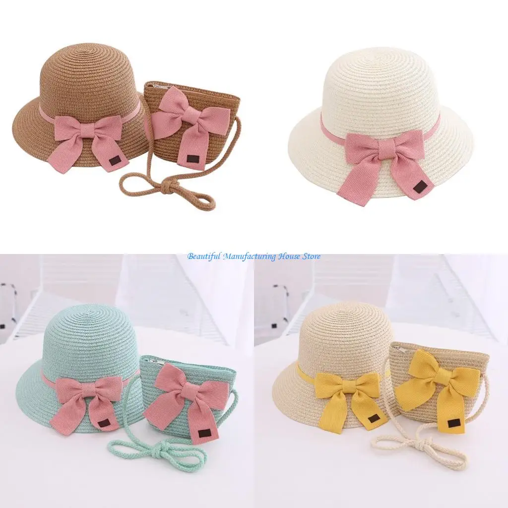 

E56A Summer Straw Hat and Matching Handbag Set All-match Surprise Gift for Daughter Crossbody Bag for Spring Summer Travel