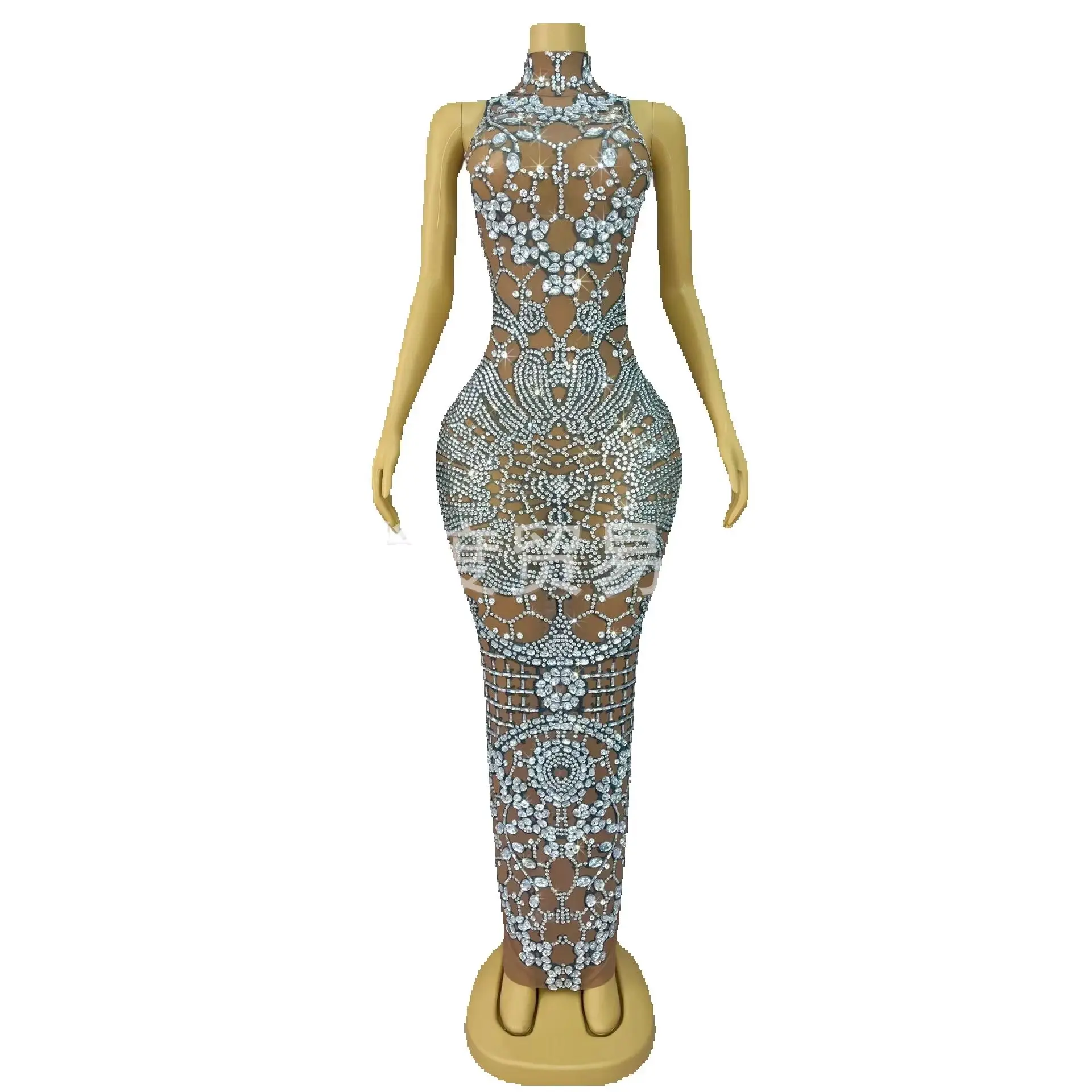 High Neck Sleeveless Pattern Handmade Rhinestones Skinny Perspective Mesh Birthday Dress Cocktail Party Ball Night Long Dress